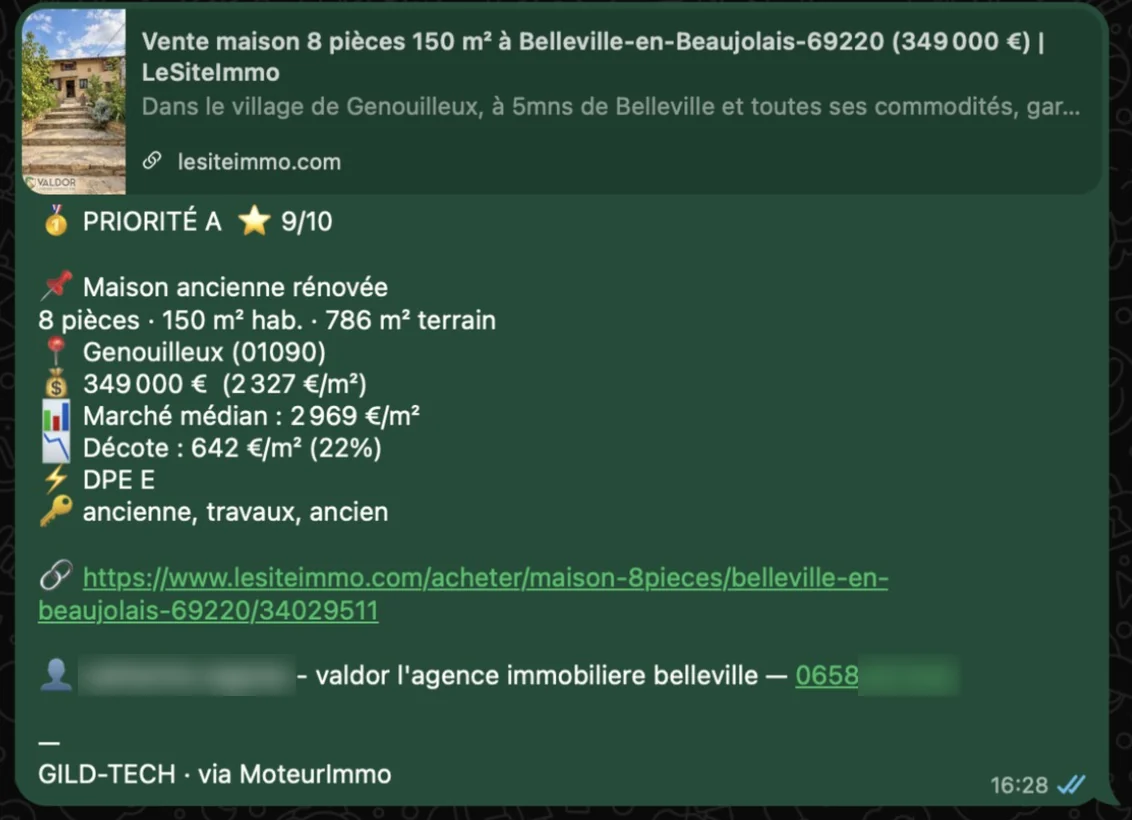 Autre alerte WhatsApp réelle : maison de 150 m² à Genouilleux, priorité A, note 9 sur 10, 349 000 euros, marché médian 2 969 euros le mètre carré, décote 22 %, DPE E, mots-clés, lien et contact de l'annonceur.